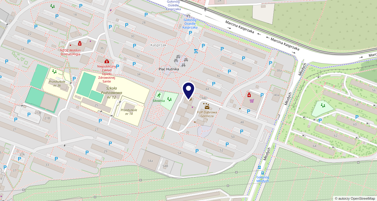 Mapa dojazdu do biura Gaz-Kom, ul. Kasprzaka 46, Dąbrowa Górnicza